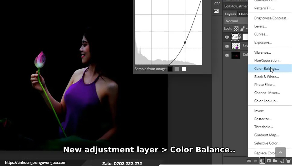 chọn New Adjustment layer Color Balancer với cô gái